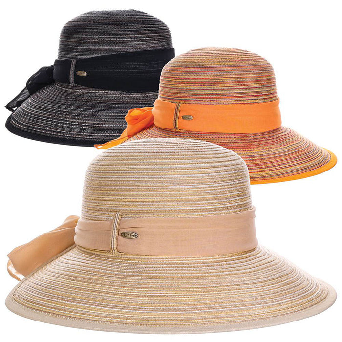 Backless Lightweight Poly-Straw Hat with Chiffon Bow - Scala Hats Facesaver Hat Scala Hats LP385-SPICE Sunset Medium (57 cm)