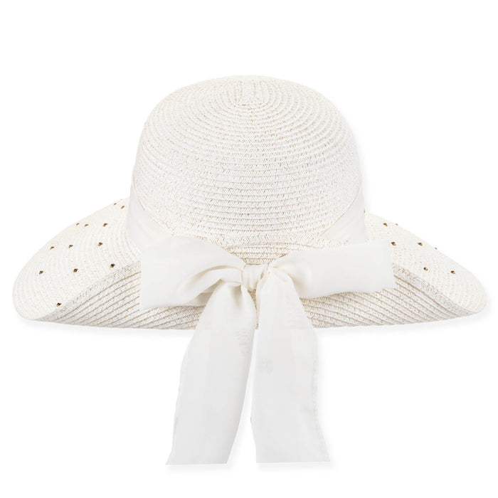 Rhinestone Studded Sun Hat with Pinned Up Back, Chiffon Scarf - Sun 'N' Sand Facesaver Hat Sun N Sand Hats