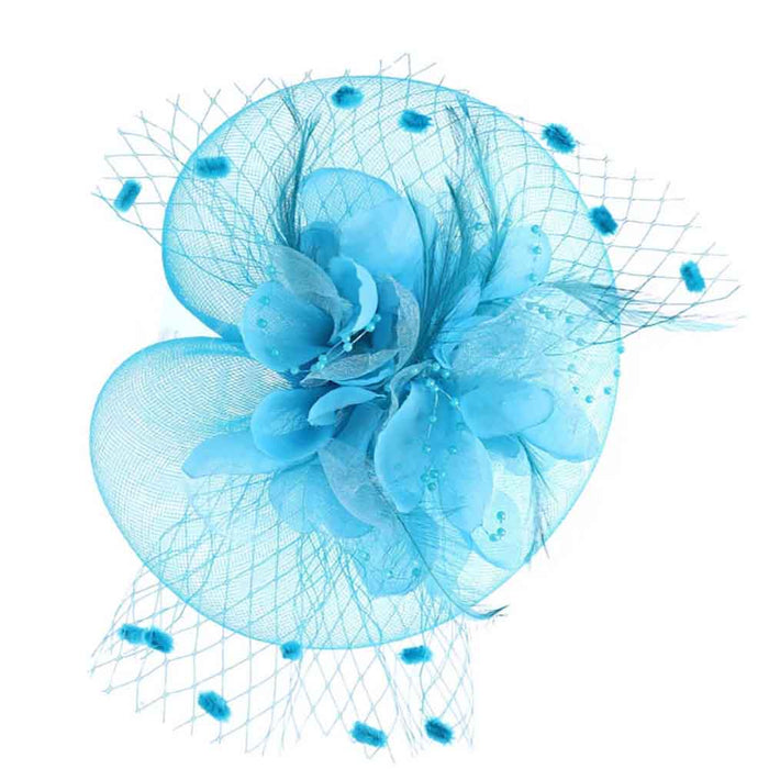 Silk Flower and Dotted Netting Fascinator - Something Special Fascinator Something Special LA HTH2722-AQ Aqua
