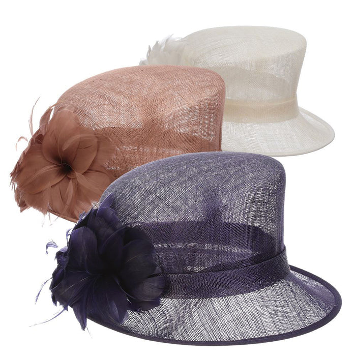 Small Sinamay Dress Hat with Feather Flower - Scala Kentucky Derby Hat Dress Hat Something Special Hat LD110-TAN Tan