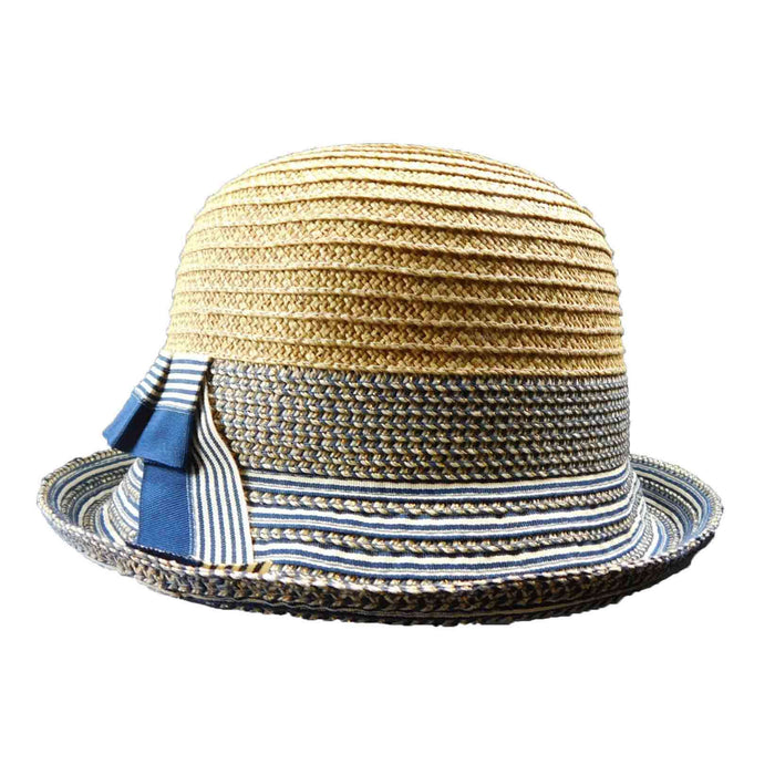 Straw Cloche with Metallic Ribbon Brim Cloche Boardwalk Style Hats
