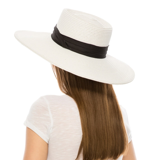 White Straw Flat Brim Bolero Hat with Black Band - Boardwalk Style Bolero Hat Boardwalk Style Hats