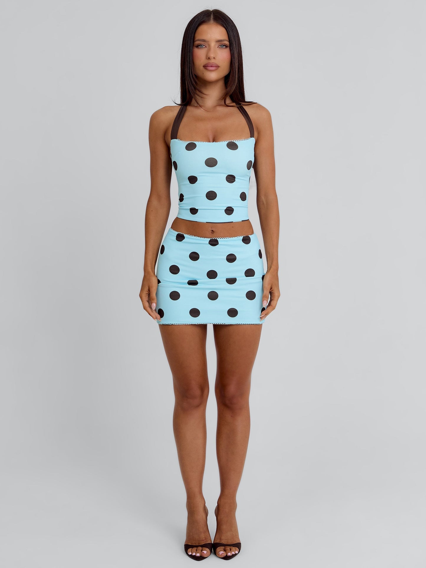 LULA REVERSIBLE MINI SKIRT BLUE AND CHOCOLATE POLKA DOT