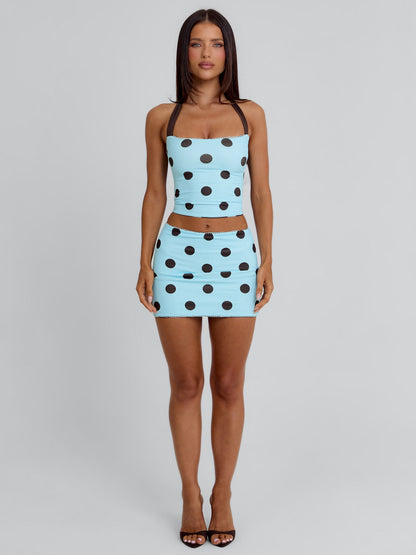 LULA REVERSIBLE MINI SKIRT BLUE AND CHOCOLATE POLKA DOT