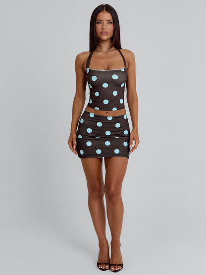 LULA REVERSIBLE TOP BLUE AND CHOCOLATE POLKA DOT