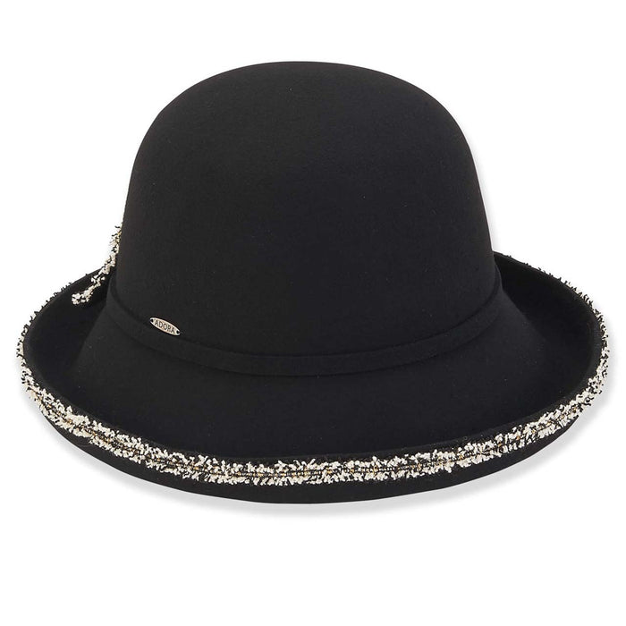 Adora® Wool Hat - Up Brim Cloche Hat with Boucle Trim Cloche Adora Hats AD1270A Black OS