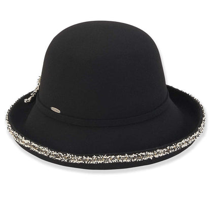Adora® Wool Hat - Up Brim Cloche Hat with Boucle Trim Cloche Adora Hats AD1270A Black OS