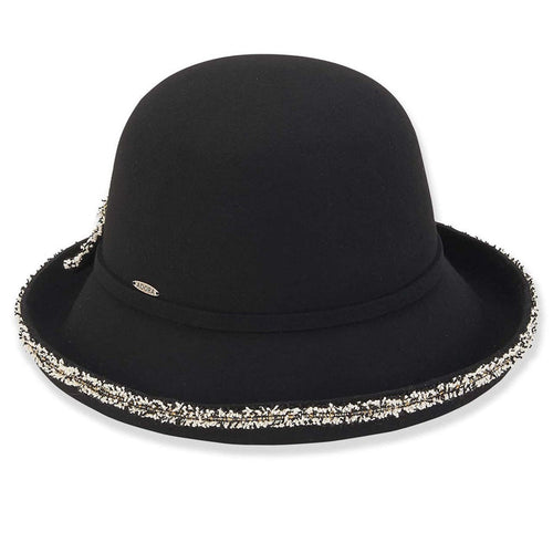 Adora® Wool Hat - Up Brim Cloche Hat with Boucle Trim Cloche Adora Hats AD1270A Black OS