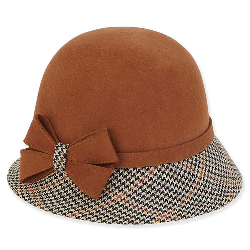 Adora® Wool Hat - Wool Felt Cloche with Houndstooth Brim Cloche Adora Hats AD1422A Brown OS
