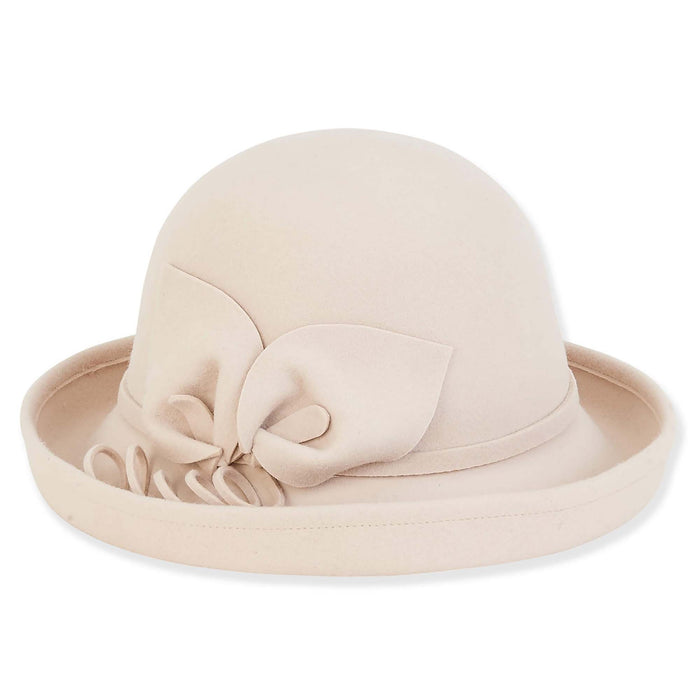 Adora® Wool Hat - Wool Felt Up Brim Hat with Floral Trim Cloche Adora Hats AD1418A Beige OS