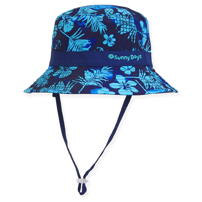 Asher Small Size Bucket Hat, Hawaiian Print Solid Reverse Side - Sunny Dayz Hats Bucket Hat Sun N Sand Hats HK423L Navy 55 cm