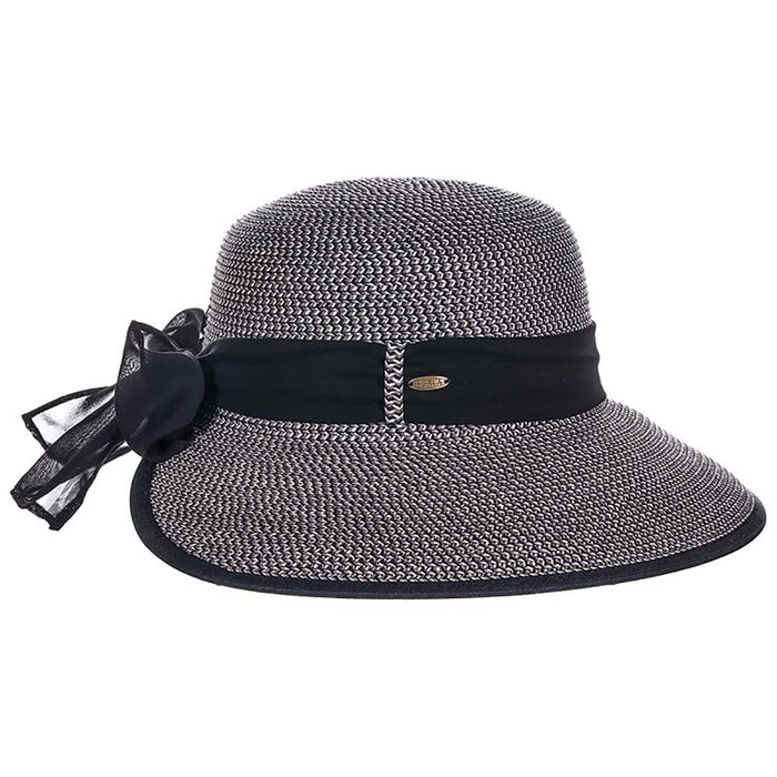 Backless Straw Hat with Chiffon Bow - Scala Hats Facesaver Hat Scala Hats LP384-BLK Black Tweed Medium (57 cm)