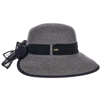 Backless Straw Hat with Chiffon Bow - Scala Hats Facesaver Hat Scala Hats LP384-BLK Black Tweed Medium (57 cm)