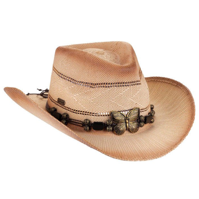 Bangora Straw Cowgirl Hat with Brass Butterfly - Sun 'N' Sand Hats Cowboy Hat Sun N Sand Hats HH3536 Tan OS (58 cm)