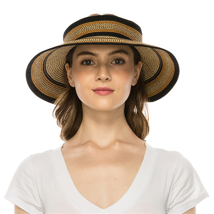Black and Brown Heathered Wrap Around Roll Up Sun Visor Hat - Boardwalk Style Visor Cap Boardwalk Style Hats