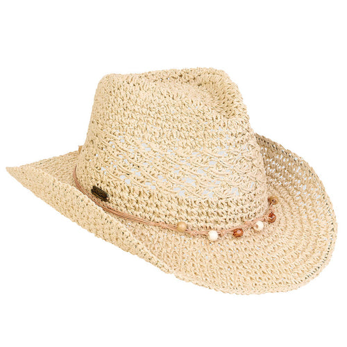 Crochet Toyo Cowboy Hat with Beads Accent - Sun 'N' Sand Hats Cowboy Hat Sun N Sand Hats HH3298 Natural OS (57 cm)