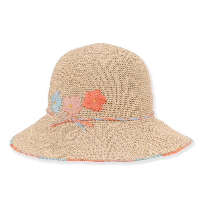 Crocheted Straw Cloche with Embroidered Flowers - Sun 'N' Sand Hats Cloche Sun N Sand Hats HH3648 Natural OS (58 cm)