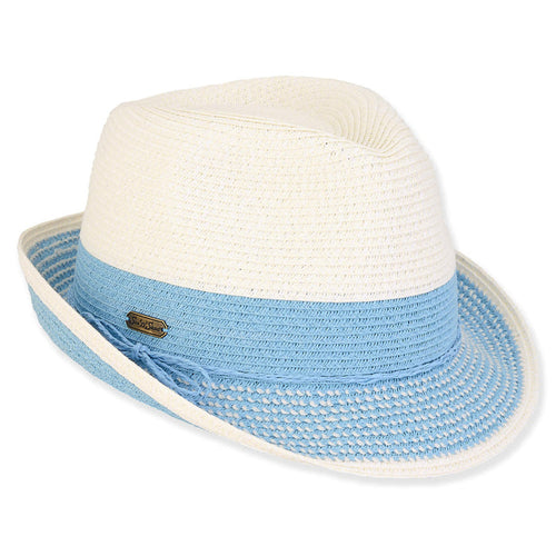 Ember Stitched Brim Straw Fedora Hat - Sun 'n' Sand® Fedora Hat Sun N Sand Hats HH3016B White / Blue OS (57 cm)