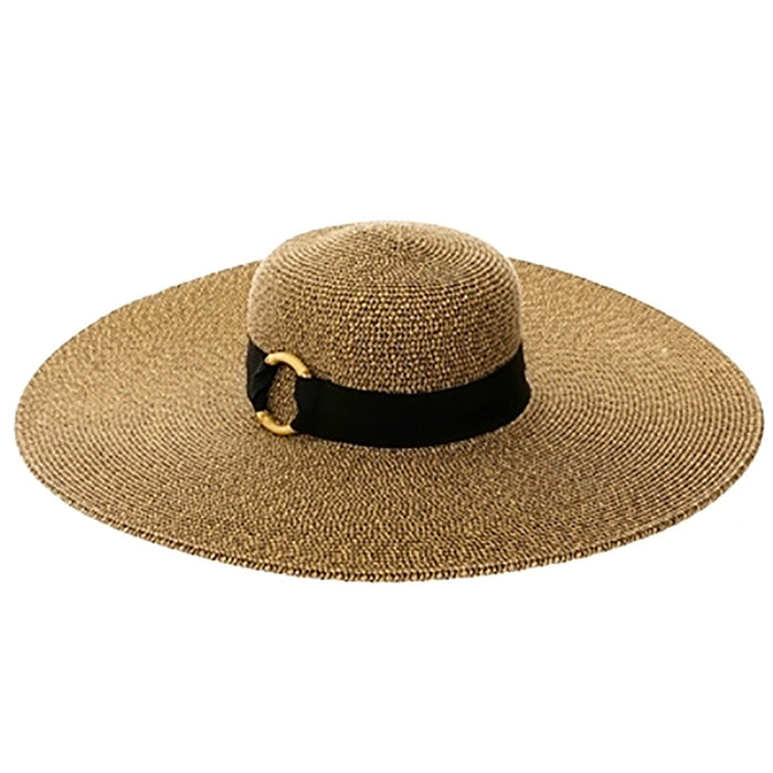 Extra Wide Brim Straw Beach Hat with Bamboo Ring - Boardwalk Style Wide Brim Sun Hat Boardwalk Style Hats DA1949-BLK Black Tweed OS (57 cm)
