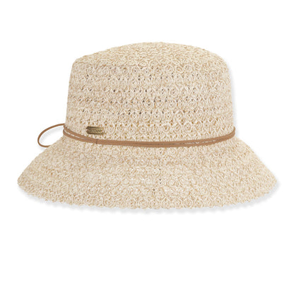 Fancy Braid Straw Summer Bucket Hat with Leatherette Tie - Sun'N'Sand Cloche Sun N Sand Hats HH3465A Ivory M/L (58 cm)