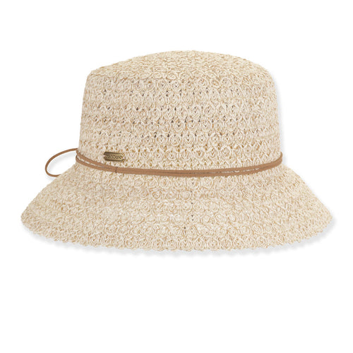 Fancy Braid Straw Summer Bucket Hat with Leatherette Tie - Sun'N'Sand Cloche Sun N Sand Hats HH3465A Ivory M/L (58 cm)