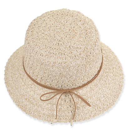 Fancy Braid Straw Summer Bucket Hat with Leatherette Tie - Sun'N'Sand Cloche Sun N Sand Hats