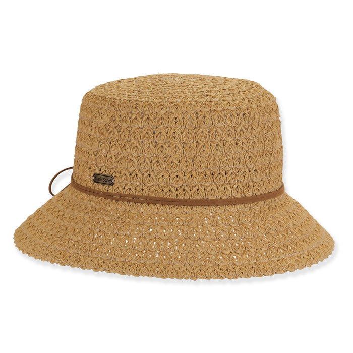 Fancy Braid Straw Summer Bucket Hat with Leatherette Tie - Sun'N'Sand Cloche Sun N Sand Hats HH3465B Tan M/L (58 cm)