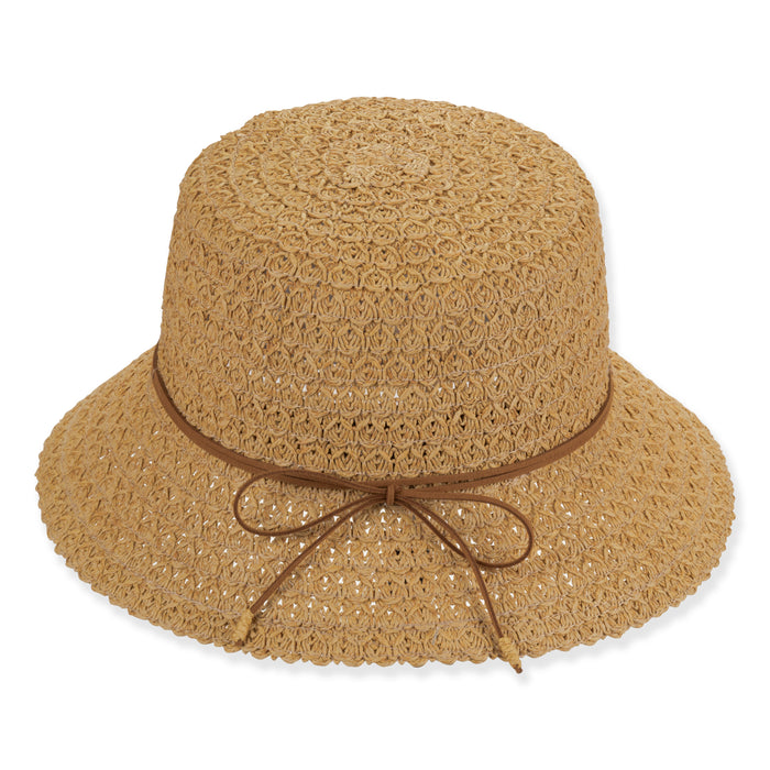 Fancy Braid Straw Summer Bucket Hat with Leatherette Tie - Sun'N'Sand Cloche Sun N Sand Hats