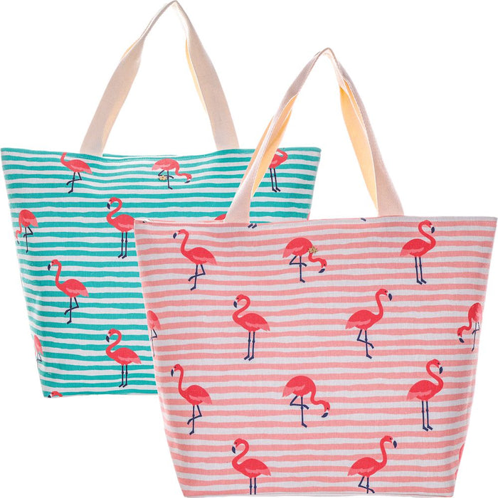 Flamingo Print Striped Tote with Web Handles - Cappelli Straworld Bags Bags Cappelli Straworld BAG1282-AQUA Aqua