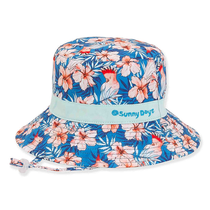 Hibiscus and Cockatoos Reversible Bucket Hat for Petite Heads - Sunny Dayz Hats Bucket Hat Sun N Sand Hats HK373L Blue M/L (55 cm)