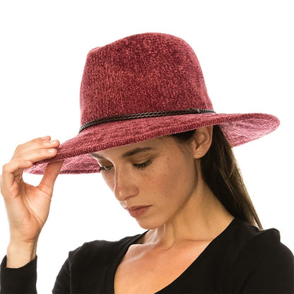 Knit Chenille Safari Hat with Braided Leather Band - Boardwalk Hats Safari Hat Boardwalk Style Hats DA3195-WIN Wine OS