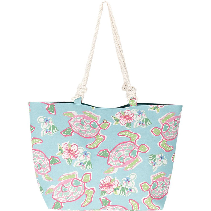 Lilies and Sea Turtles Print Tote with Rope Handles - Cappelli Straworld Bags Bags Cappelli Straworld BAG1262 Turquoise
