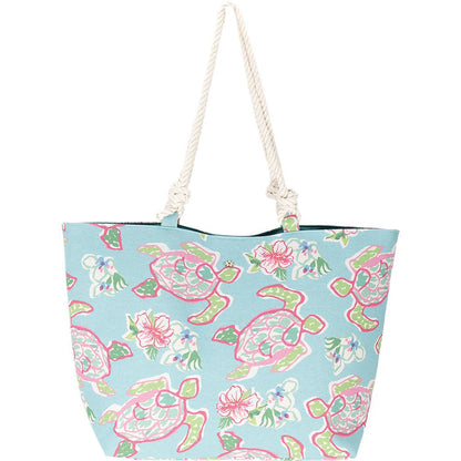Lilies and Sea Turtles Print Tote with Rope Handles - Cappelli Straworld Bags Bags Cappelli Straworld BAG1262 Turquoise
