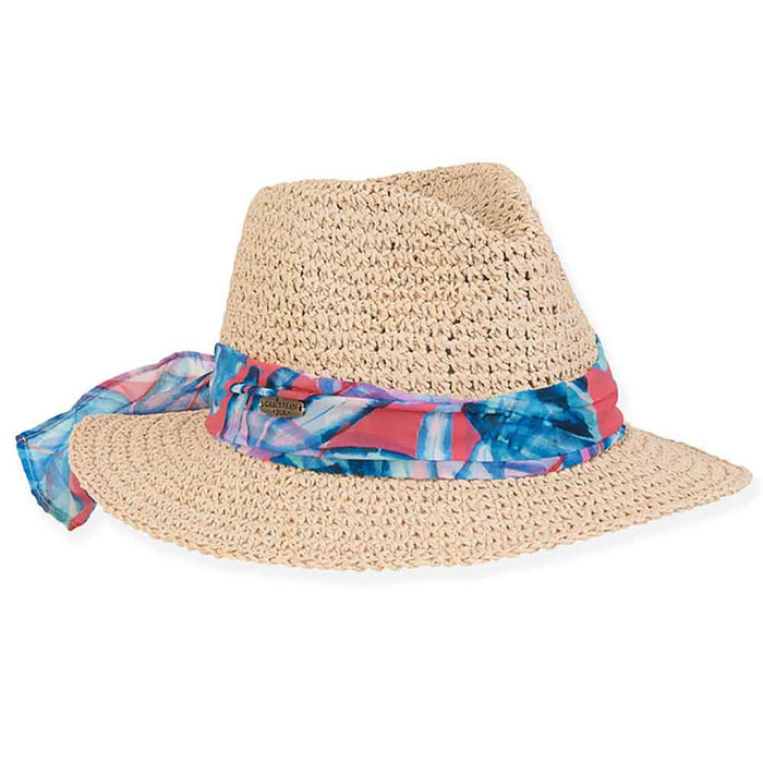 Loboe Crochet Toyo Safari Hat with Colorful Chiffon Tie - Caribbean Joe® Safari Hat Caribbean Joe HCj375 Natural M/L (58 cm)