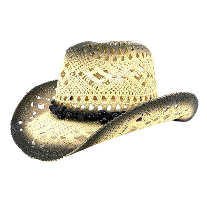 Macrame Band Lace Straw Cowboy Hat - Milani Hats Cowboy Hat Milani Hats ST-023 Tan / Black M/L
