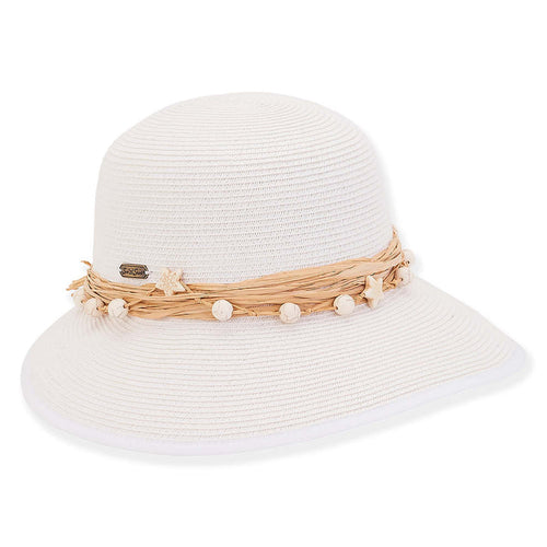 Narrowing Brim White Sun Hat with Raffia and Beads Band - Sun'N'Sand Wide Brim Hat Sun N Sand Hats HH2638A White OS (57 cm)