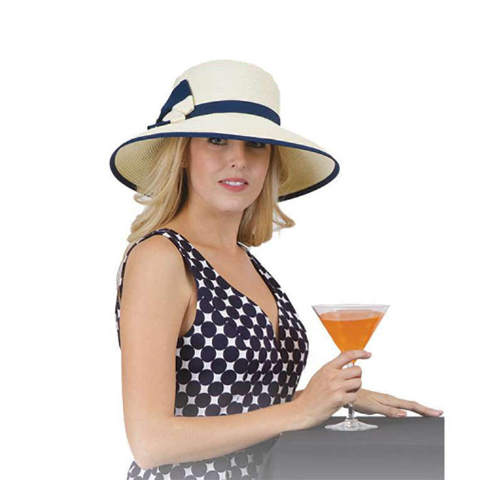 Navy Ribbon Trimmed Ivory Straw Summer Hat - Karen Keith Wide Brim Hat Great hats by Karen Keith