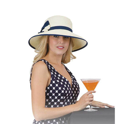 Navy Ribbon Trimmed Ivory Straw Summer Hat - Karen Keith Wide Brim Hat Great hats by Karen Keith