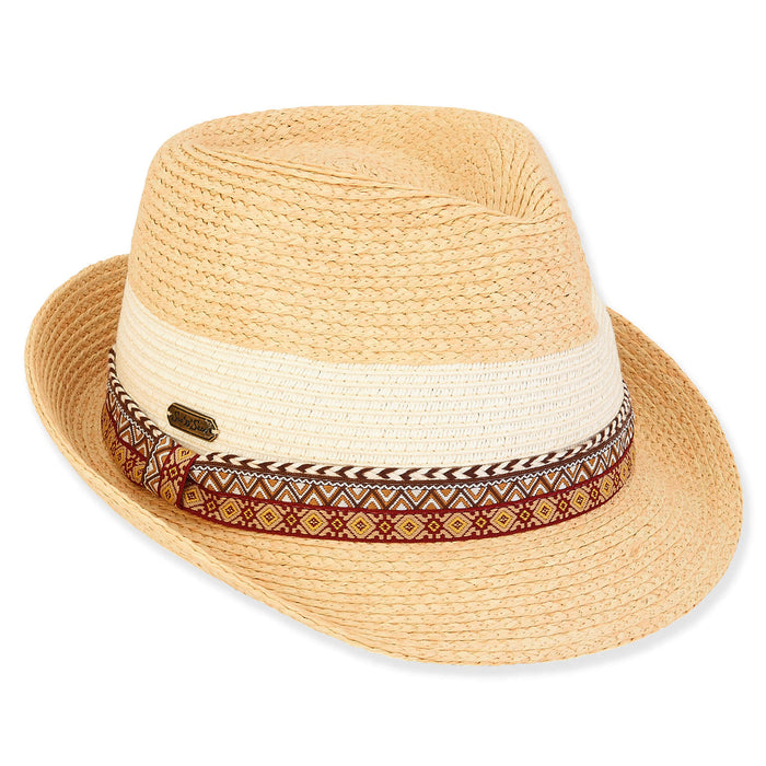 Oakley Tribal Pattern Band Straw Fedora Hat - Sun 'n' Sand® Fedora Hat Sun N Sand Hats HH3021 White / Natural OS (57 cm)