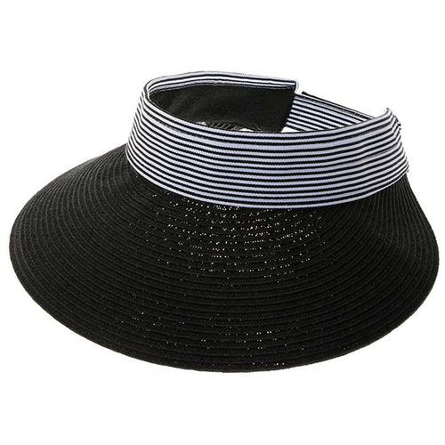 Pin Striped Band Straw Sun Visor, 4" Bill, S-M Size - Boardwalk Style Visor Cap Boardwalk Style Hats DA1362-BLK Black