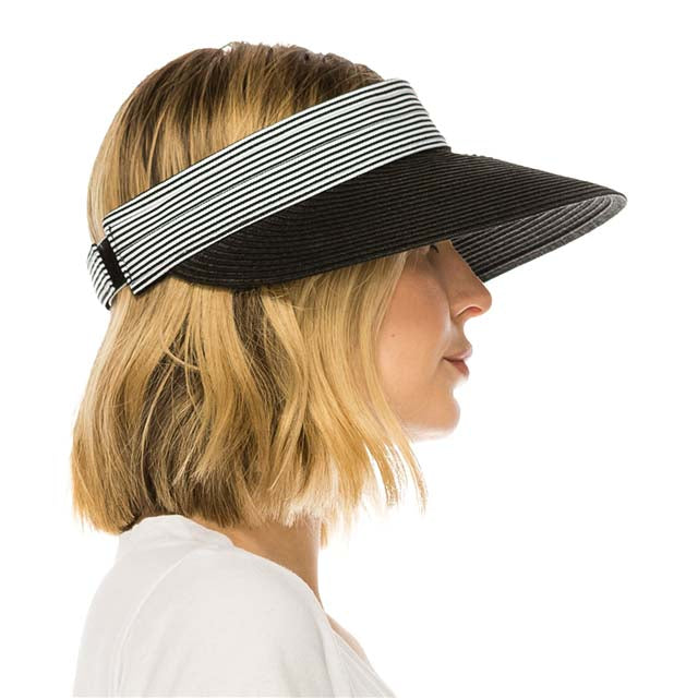 Pin Striped Band Straw Sun Visor, 4" Bill, S-M Size - Boardwalk Style Visor Cap Boardwalk Style Hats