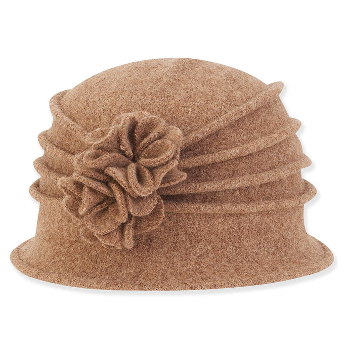 Pleated Boiled Wool Beanie Hat with Flower - Adora® Hats Beanie Adora Hats AD1462C Tan Medium (57 cm)