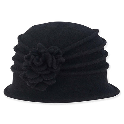 Pleated Boiled Wool Beanie Hat with Flower - Adora® Hats Beanie Adora Hats AD1462A Black Medium (57 cm)