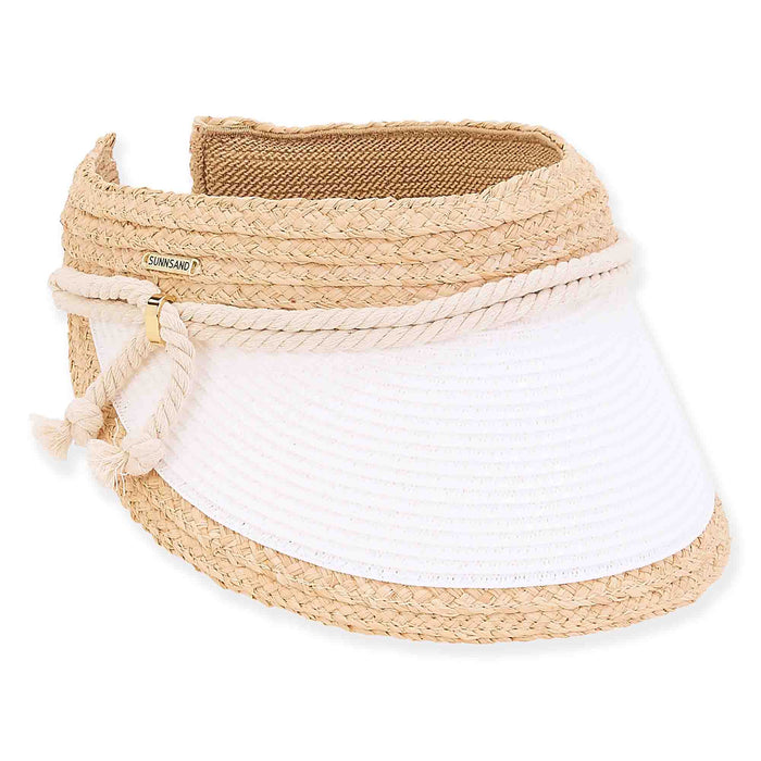 Raffia Straw Trimmed Sun Visor with Rope Band - Sun 'N' Sand Hats Visor Cap Sun N Sand Hats HH2760A White