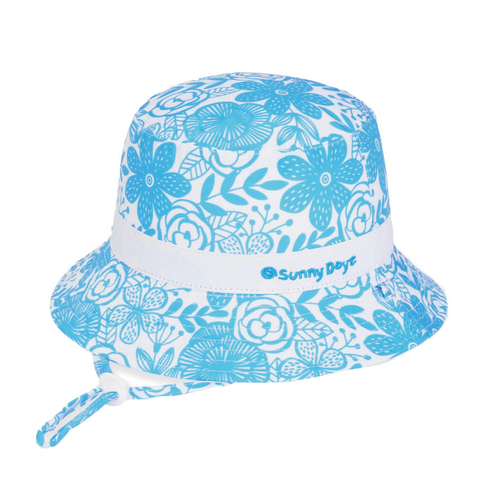 Reversible Blue Floral Print & White Cotton Petite Bucket Hat - Sunny Dayz® Bucket Hat Sun N Sand Hats HK514L Blue OS (55cm)