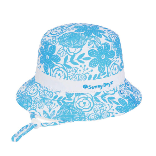 Reversible Blue Floral Print & White Cotton Petite Bucket Hat - Sunny Dayz® Bucket Hat Sun N Sand Hats HK514L Blue OS (55cm)