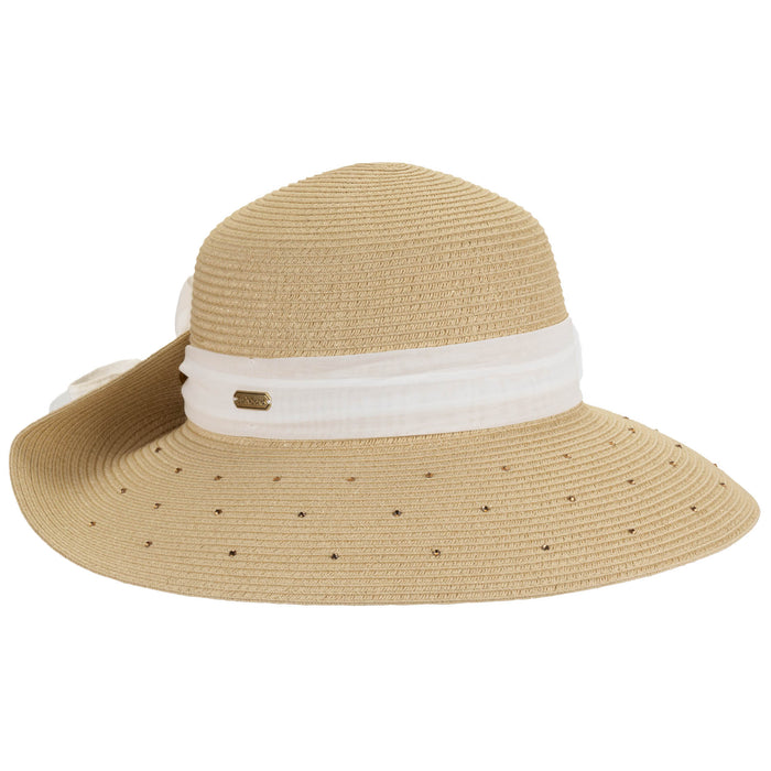Rhinestone Studded Sun Hat with Pinned Up Back, Chiffon Scarf - Sun 'N' Sand Facesaver Hat Sun N Sand Hats HH3480B Natural Medium (58 cm)