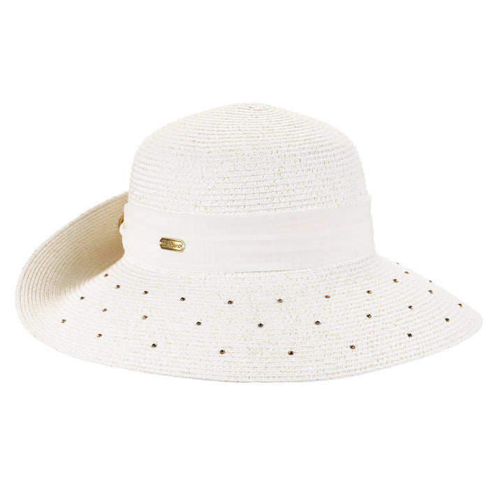 Rhinestone Studded Sun Hat with Pinned Up Back, Chiffon Scarf - Sun 'N' Sand Facesaver Hat Sun N Sand Hats HH3480A White Medium (58 cm)