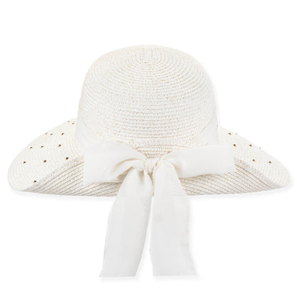Rhinestone Studded Sun Hat with Pinned Up Back, Chiffon Scarf - Sun 'N' Sand Facesaver Hat Sun N Sand Hats