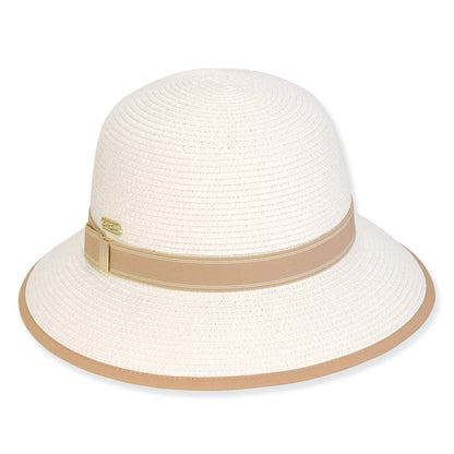 Ribbon Trimmed Butterfly Split Brim Straw Summer Hat - Sun 'N' Sand Hats Cloche Sun N Sand Hats HH3230A Ivory OS (58 cm)